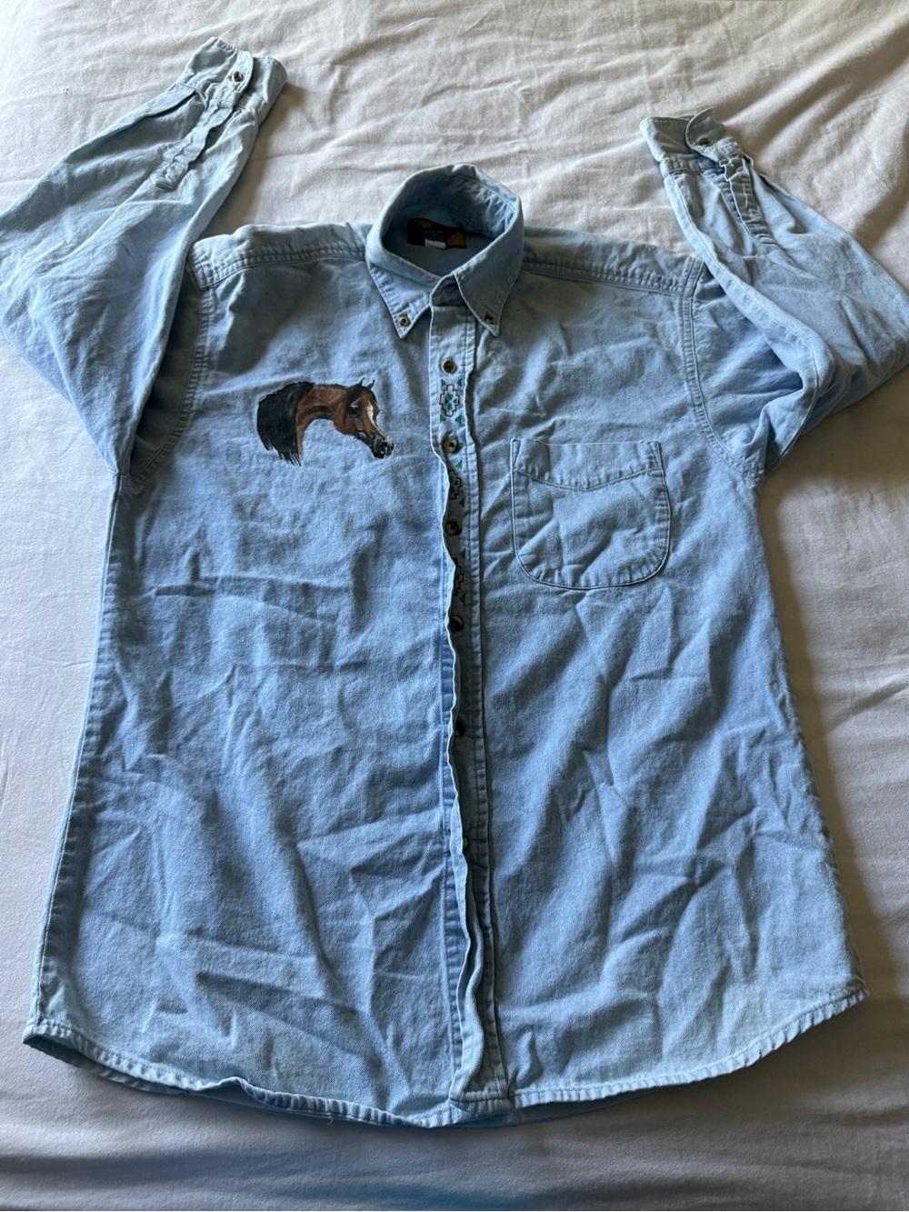 Hand Painted Horse Denim Button Down Shirt Western Vintage 90s Size S